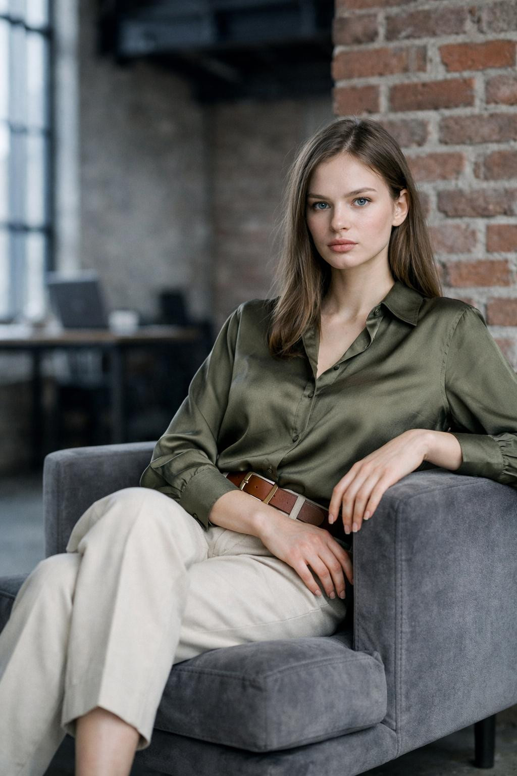Winter business casual outfits with olive blouse and cream trousers