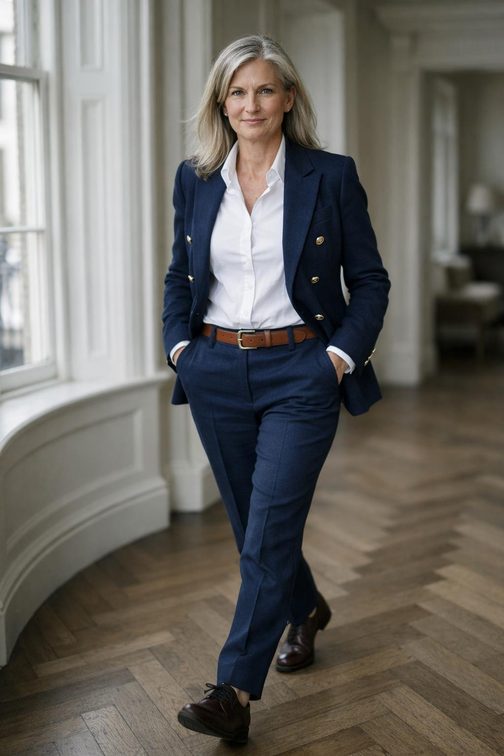 Winter business casual outfits with navy suit in elegant setting