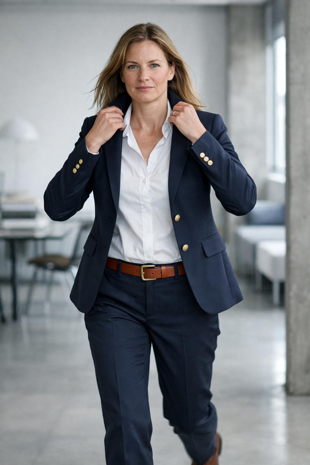 Winter business casual outfits with navy suit and brown oxfords