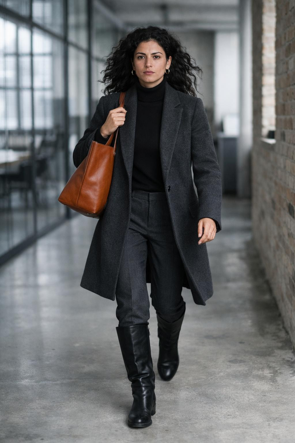 Winter business casual outfits with charcoal longline coat