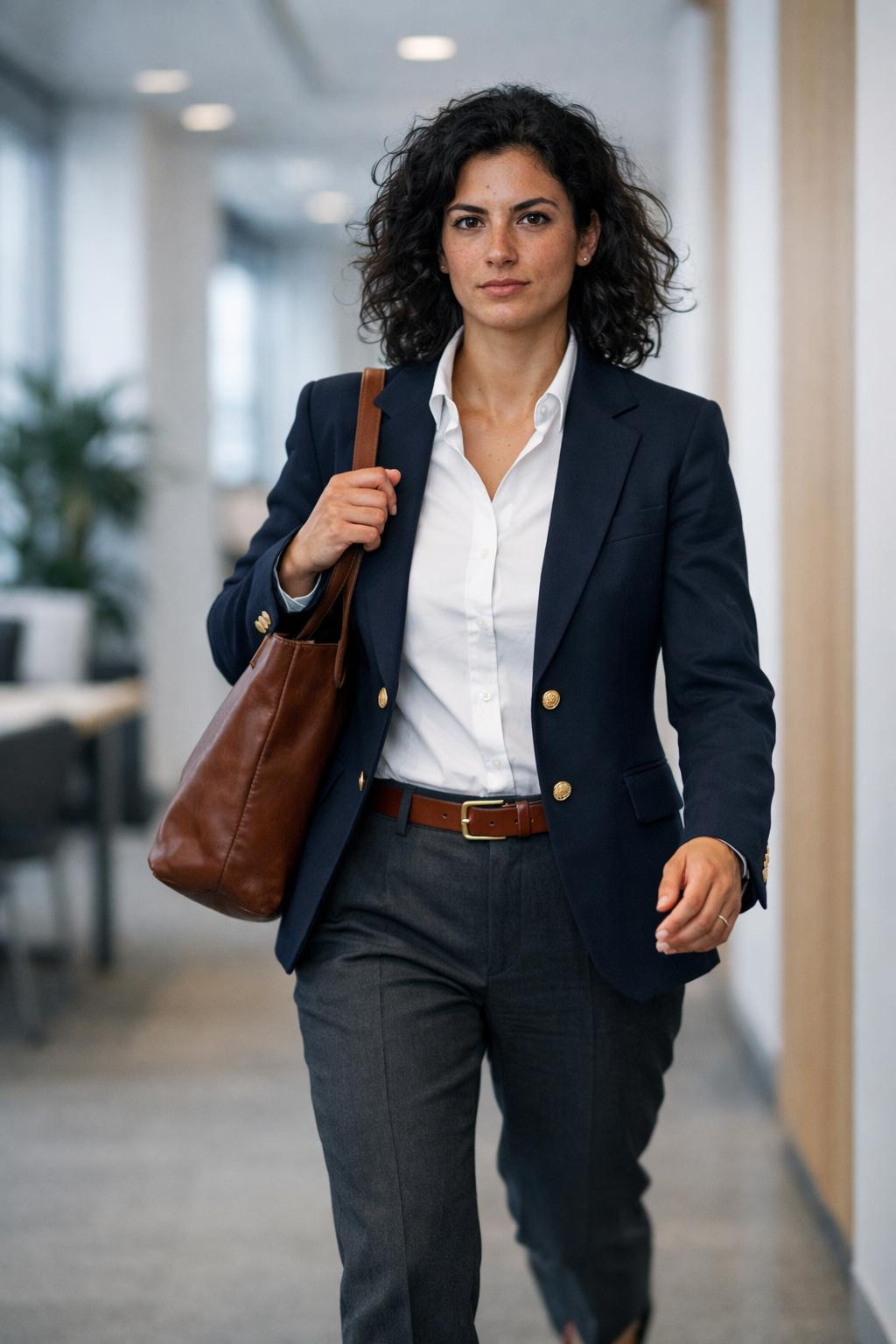 Winter business casual outfits with navy blazer and charcoal trousers