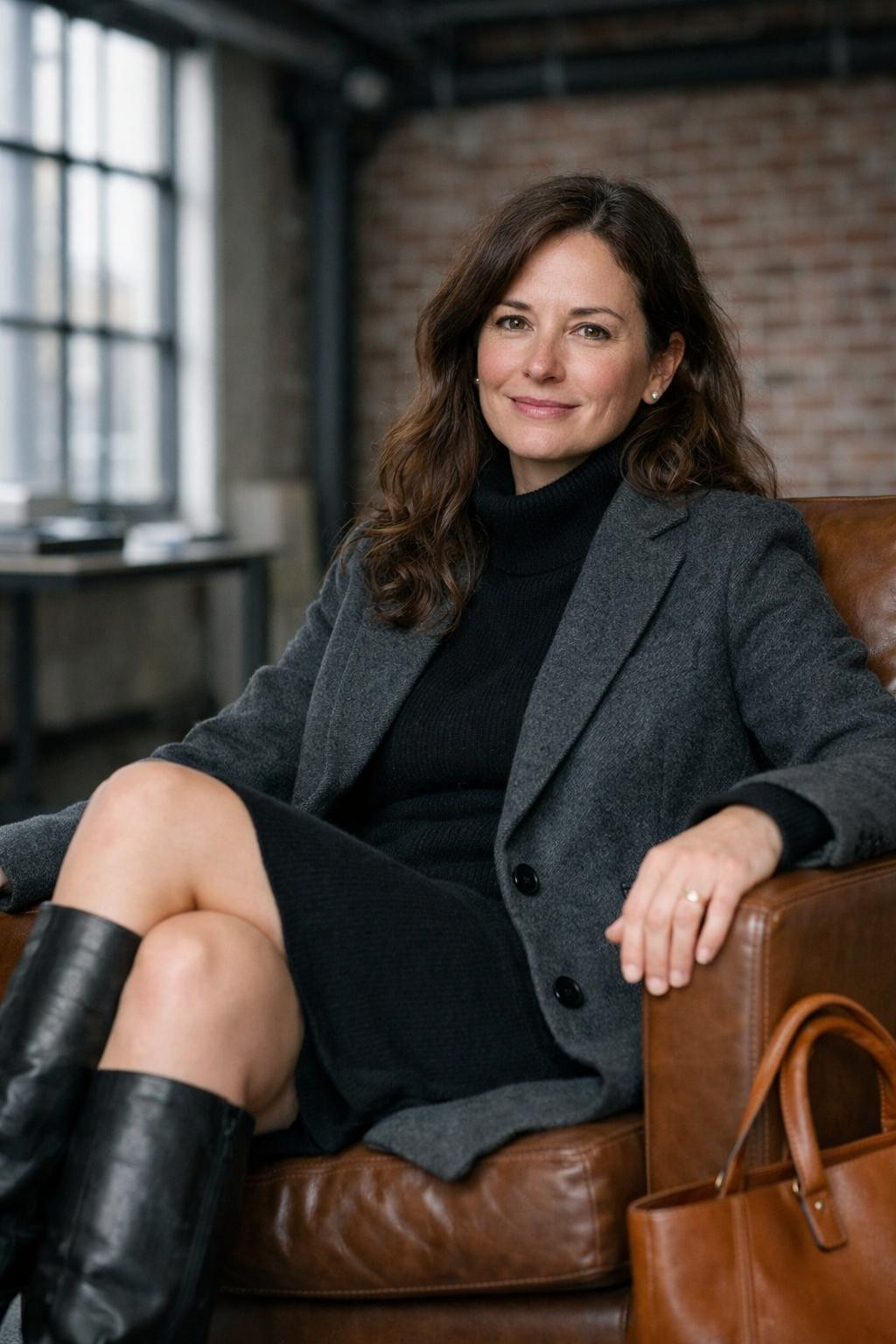 Winter business casual outfits with charcoal coat and black dress