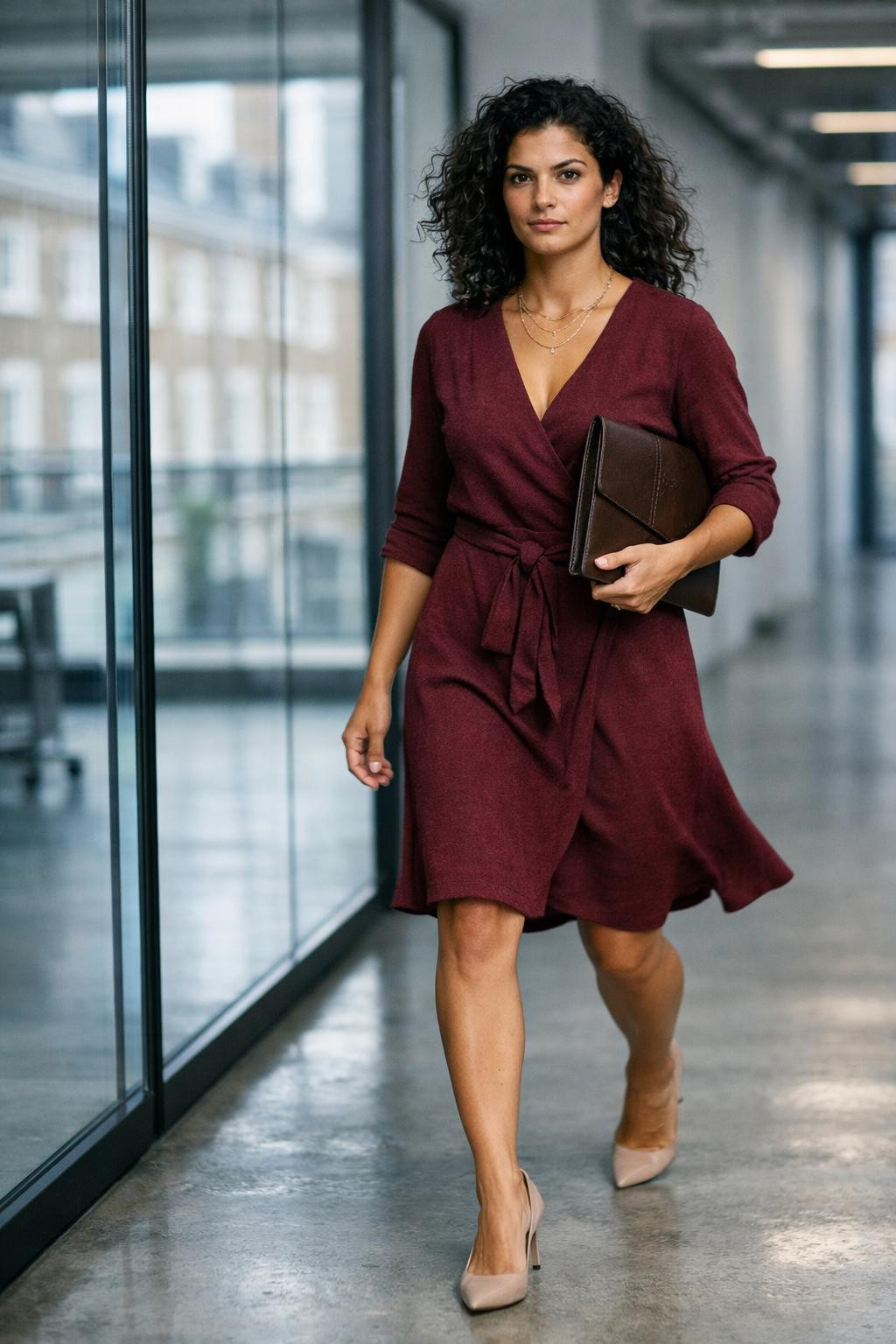 Winter business casual outfits with burgundy wrap dress