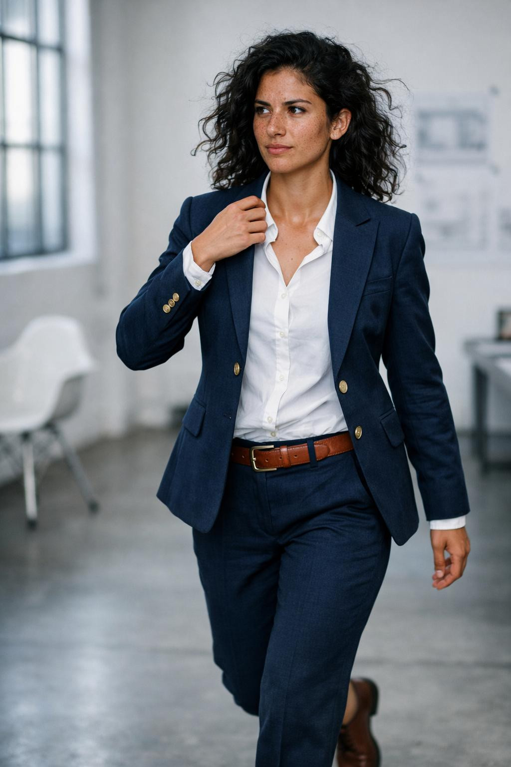 Winter business casual outfits with navy power suit and gold buttons