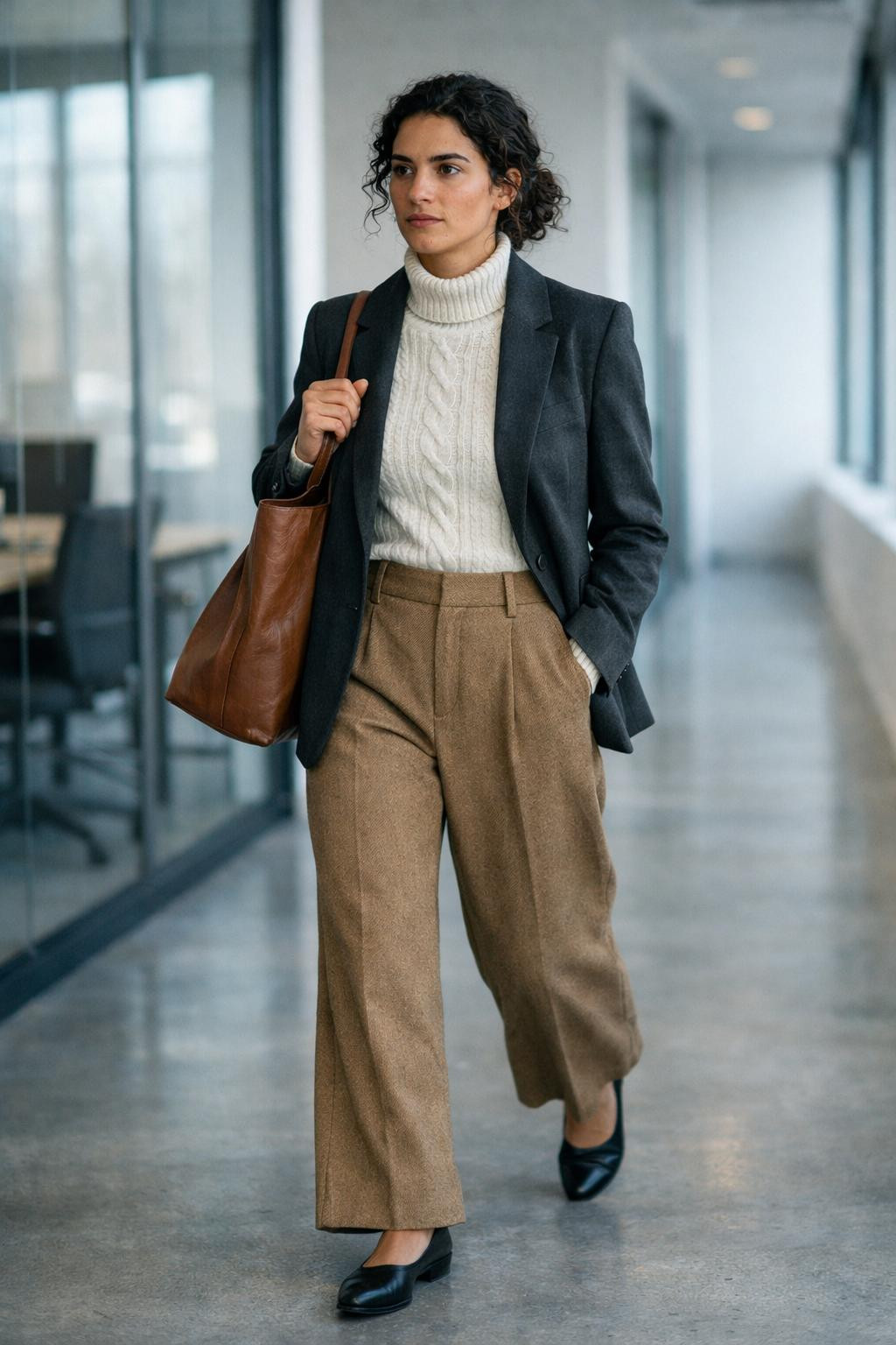 Winter business casual outfits with charcoal blazer and ivory turtleneck