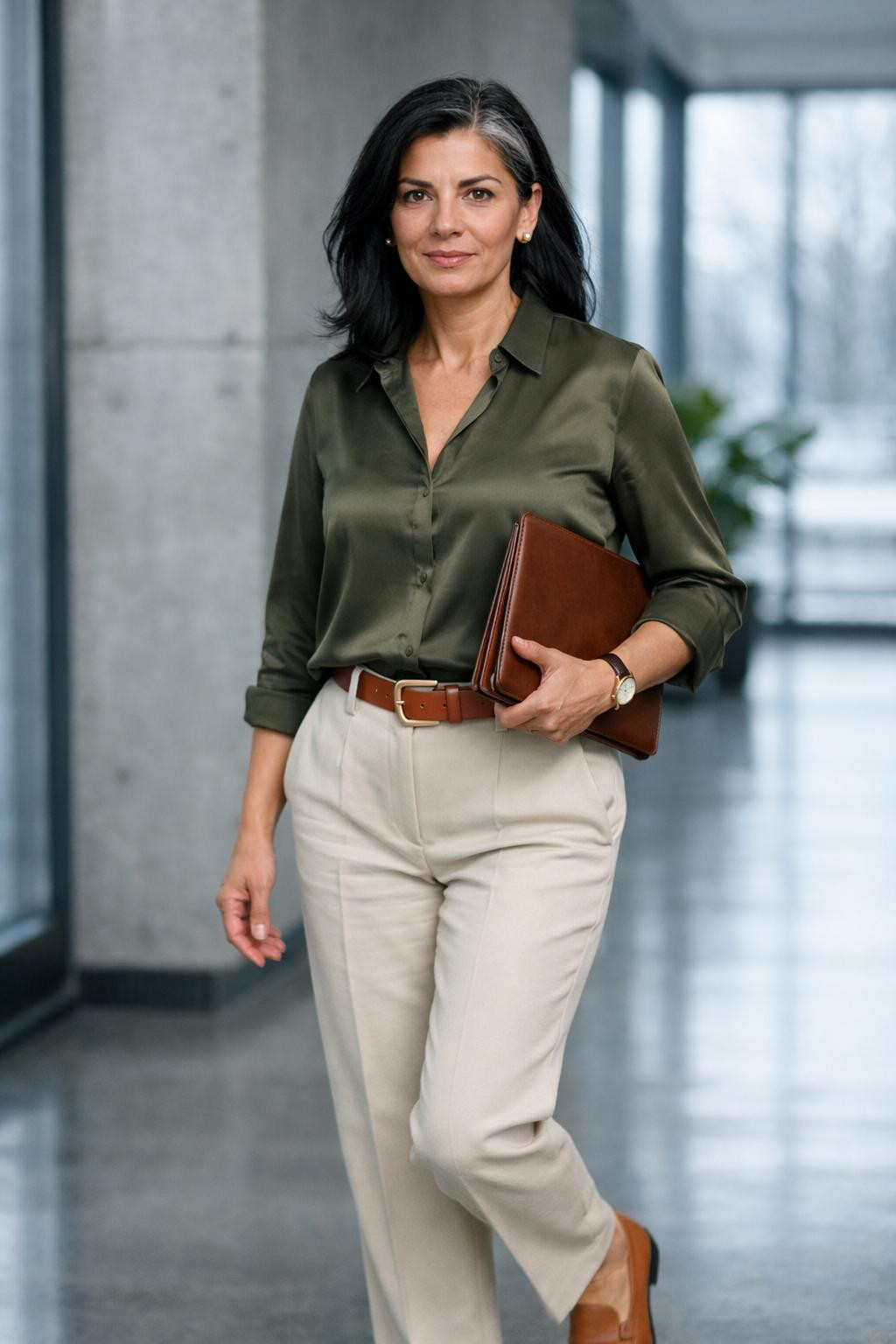 Winter business casual outfits with olive silk blouse and cream trousers