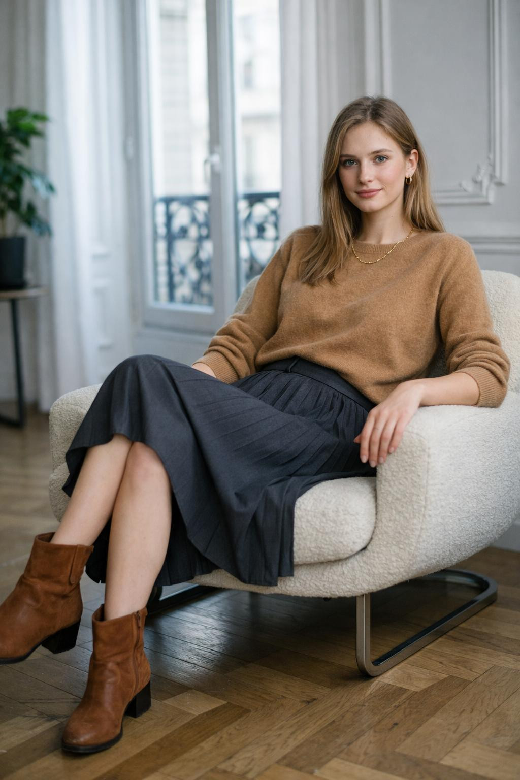 Fall business casual outfits with camel sweater and charcoal skirt