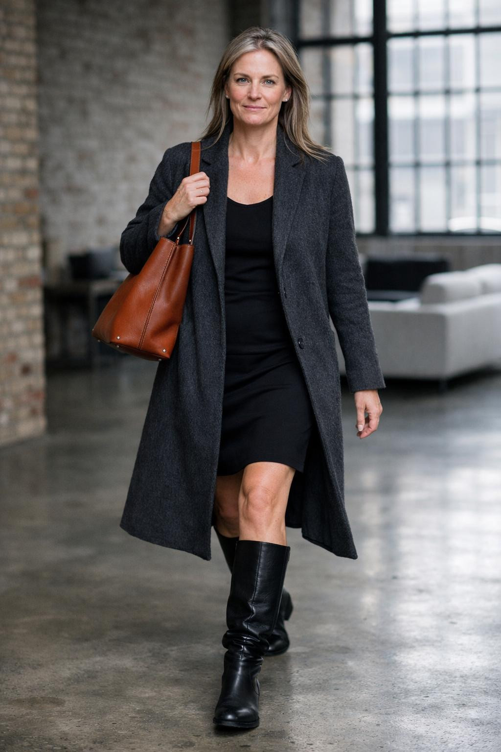 Fall business casual outfits with charcoal coat and black dress