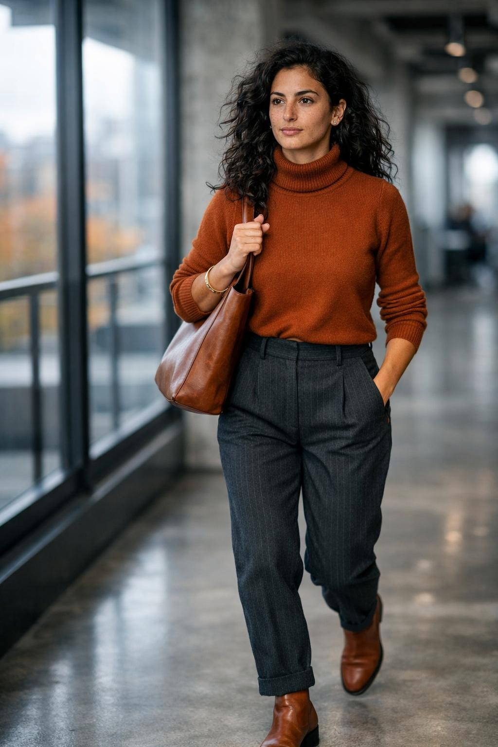 Fall business casual outfits with rust turtleneck and charcoal trousers