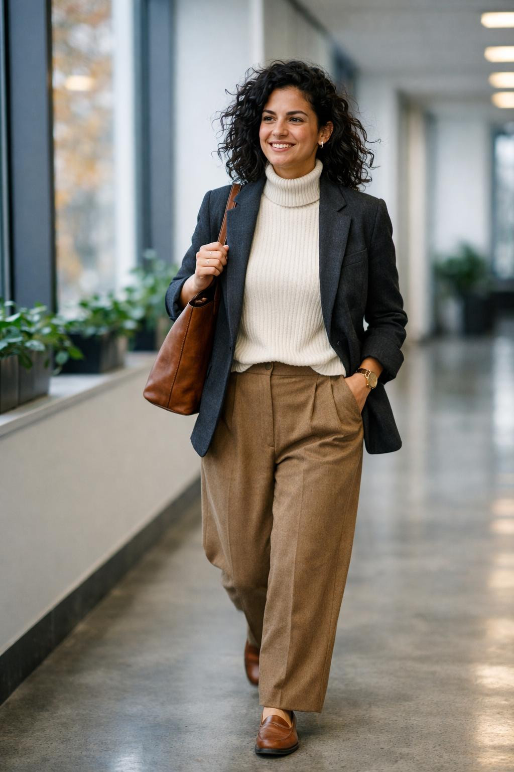 Fall business casual outfits with charcoal blazer and cream turtleneck