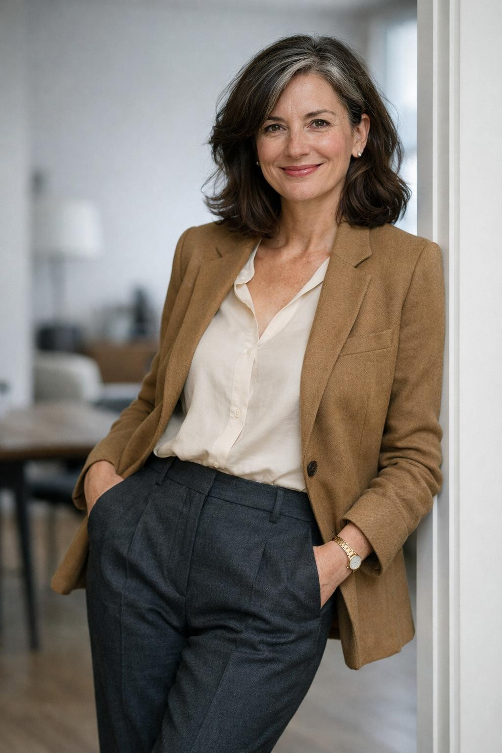 Fall business casual outfits with camel blazer and cream blouse