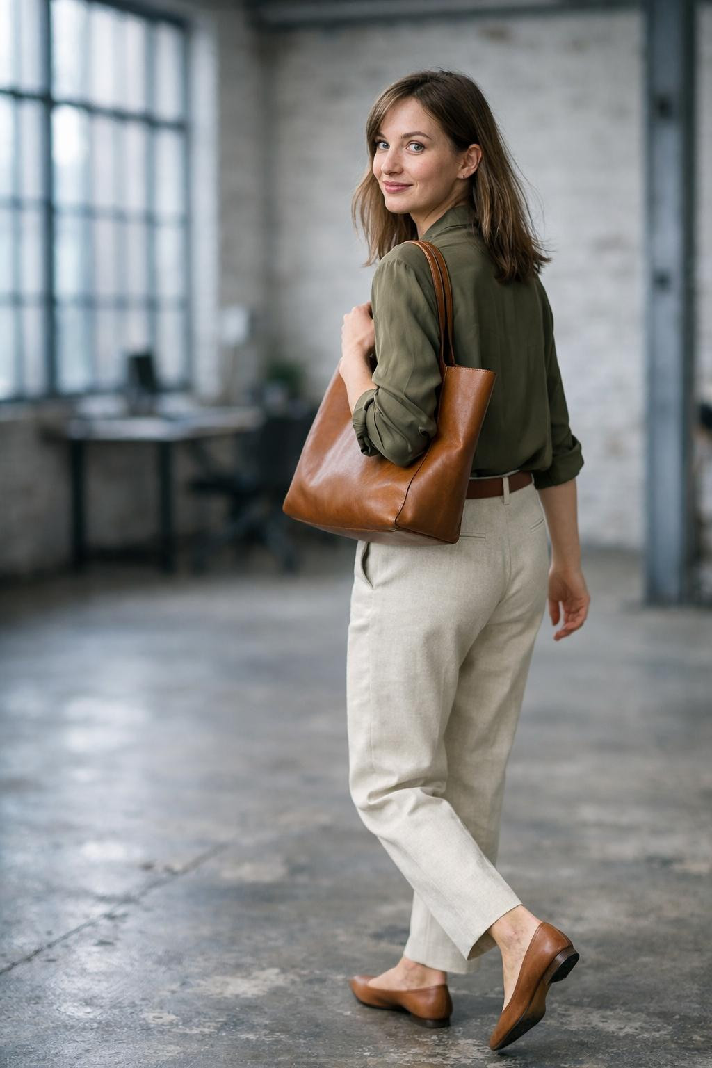 Fall business casual outfits with olive silk blouse