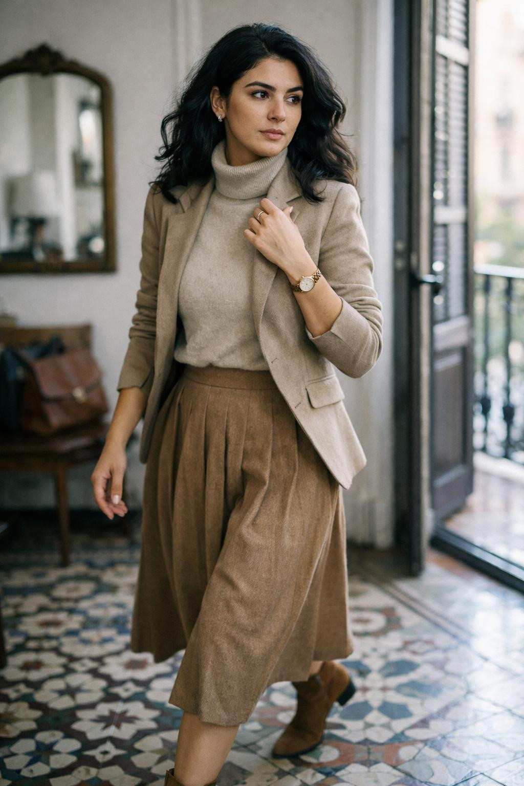 Fall business casual outfits with beige turtleneck and camel skirt