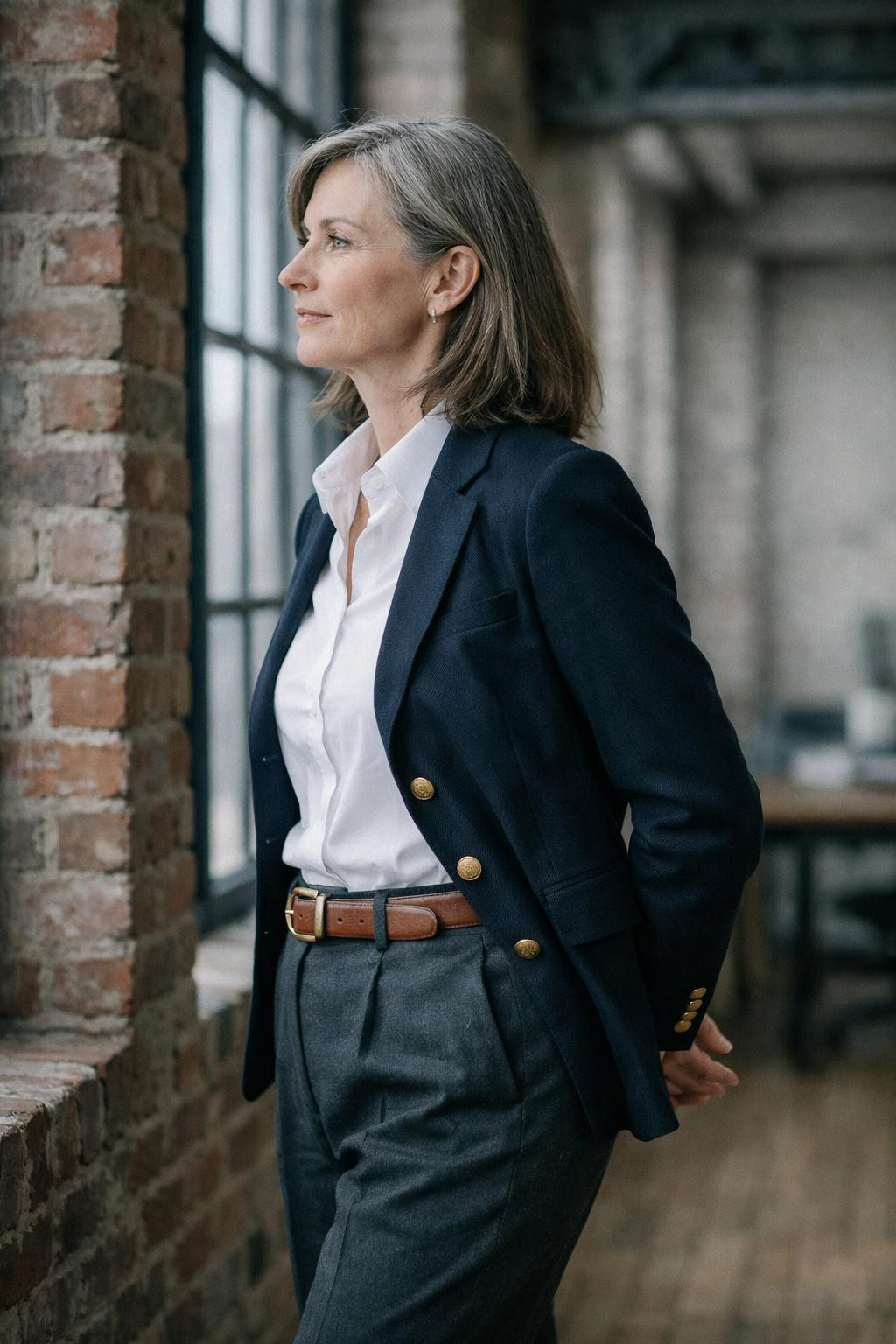 Fall business casual outfits with navy blazer and charcoal trousers