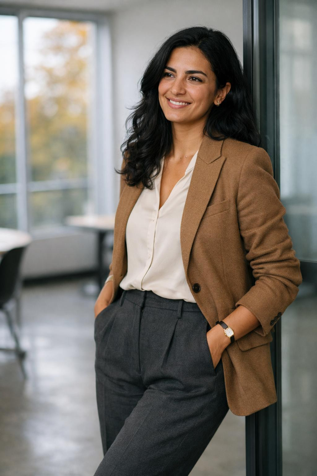 Fall business casual outfits with camel blazer and silk blouse