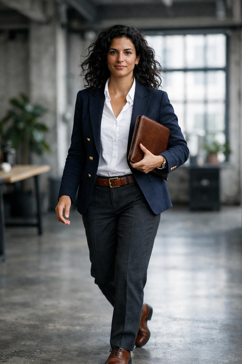 Fall business casual outfits with navy blazer and charcoal trousers