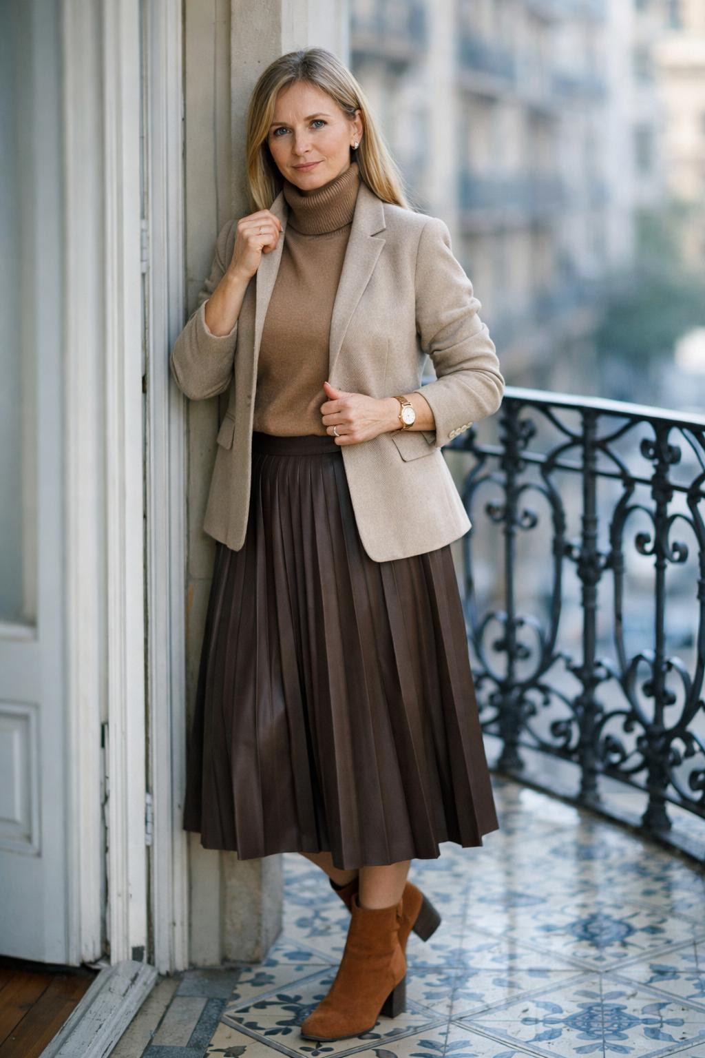 Fall business casual outfits with camel blazer and brown skirt