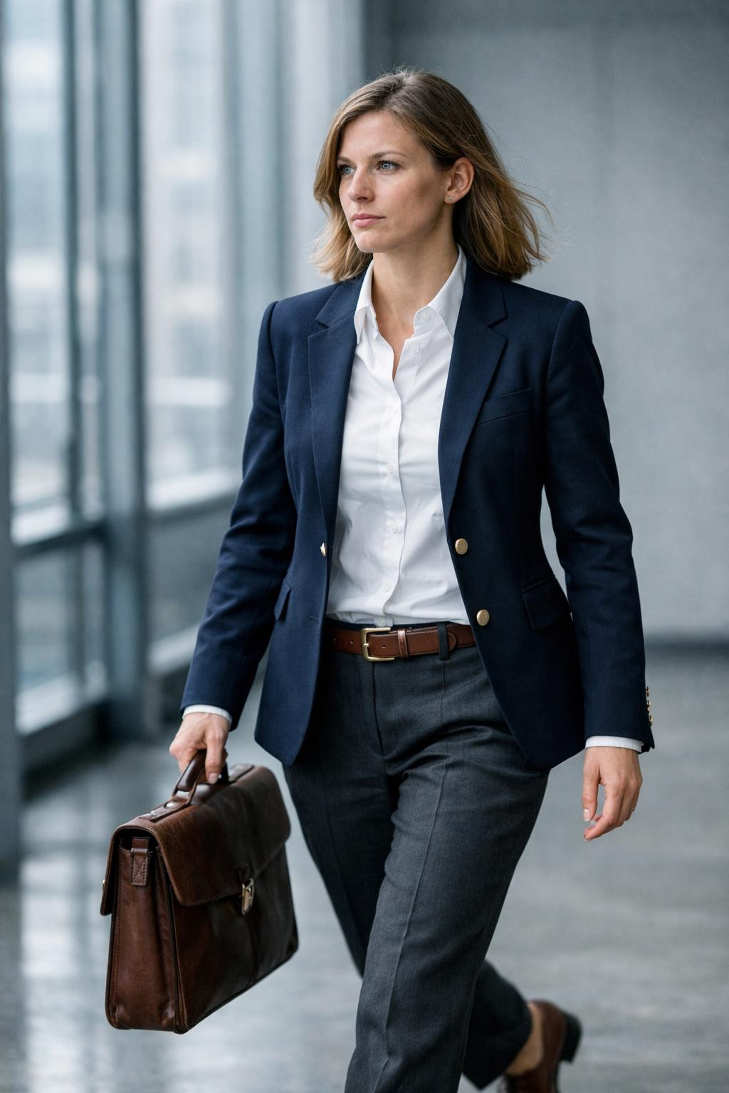 Fall business casual outfits with navy blazer and white shirt
