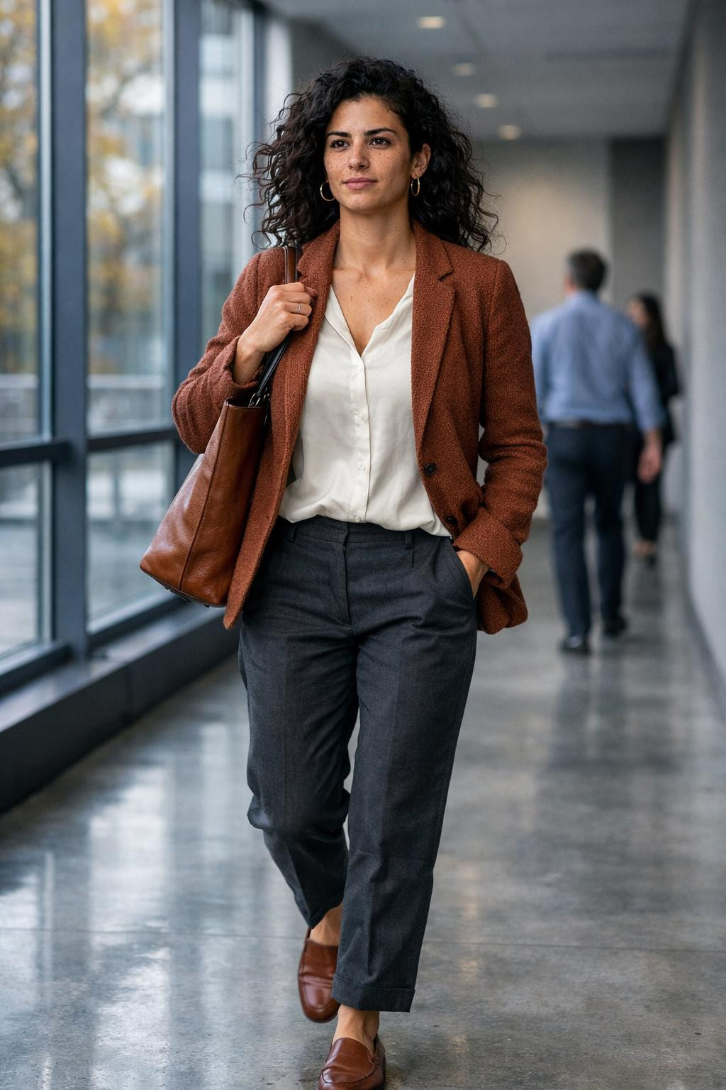 Fall business casual outfits with rust blazer and charcoal trousers