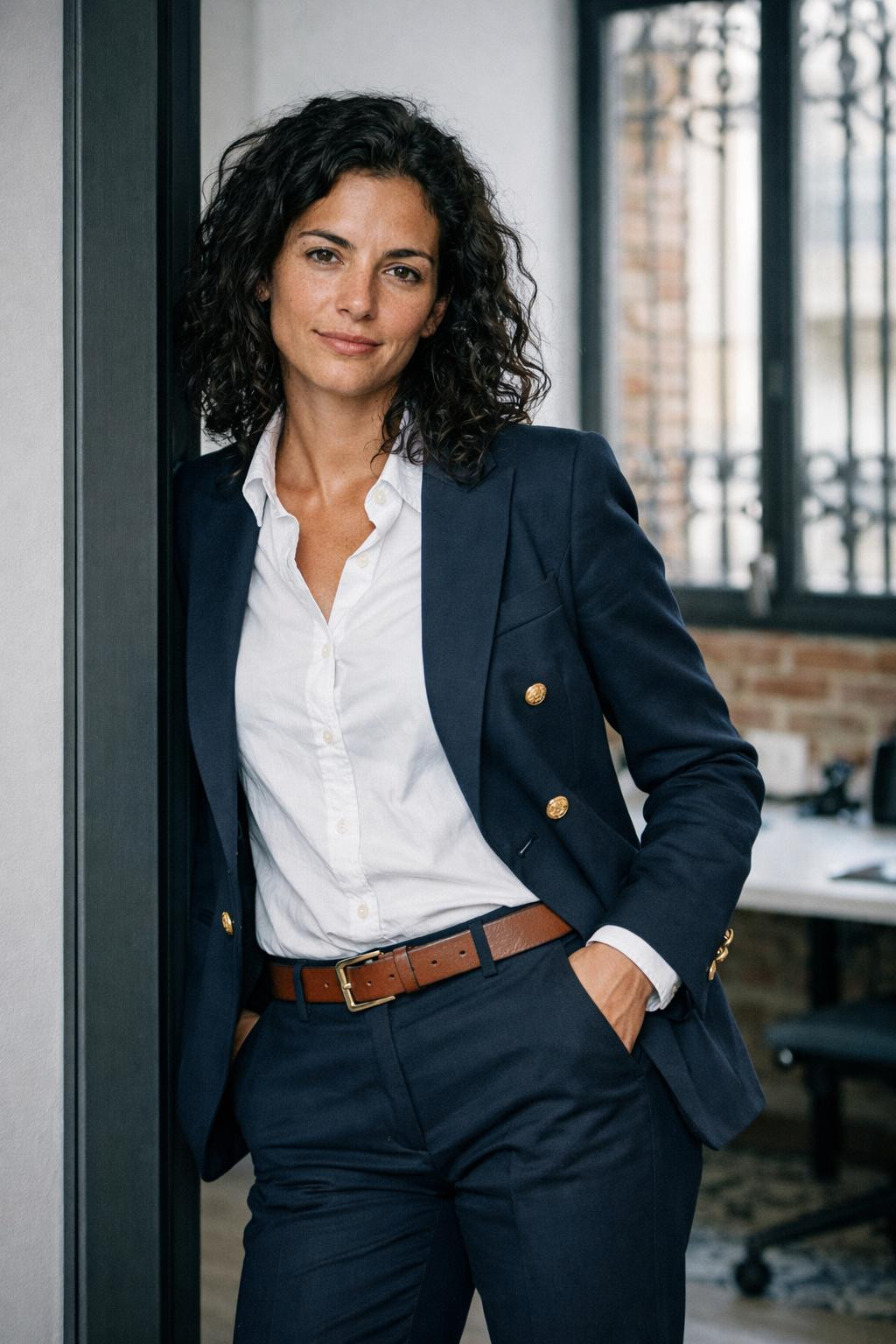 Job interview outfit for women with navy power suit and cognac accessories