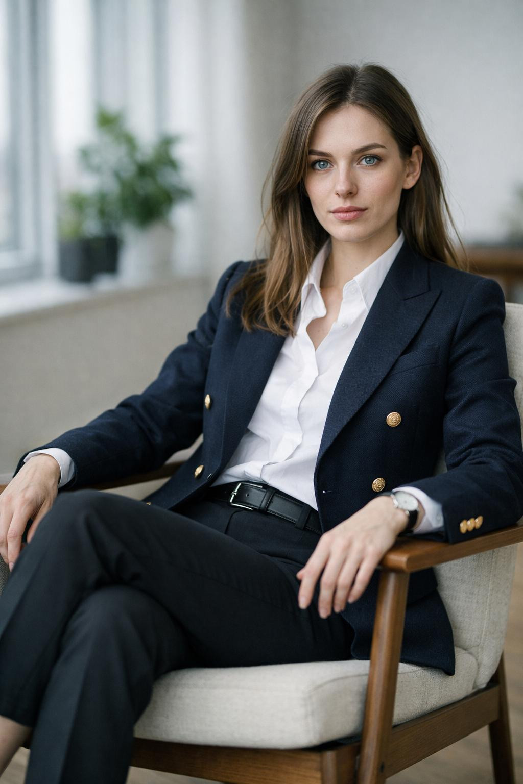 Job interview outfit for women with navy wool power suit