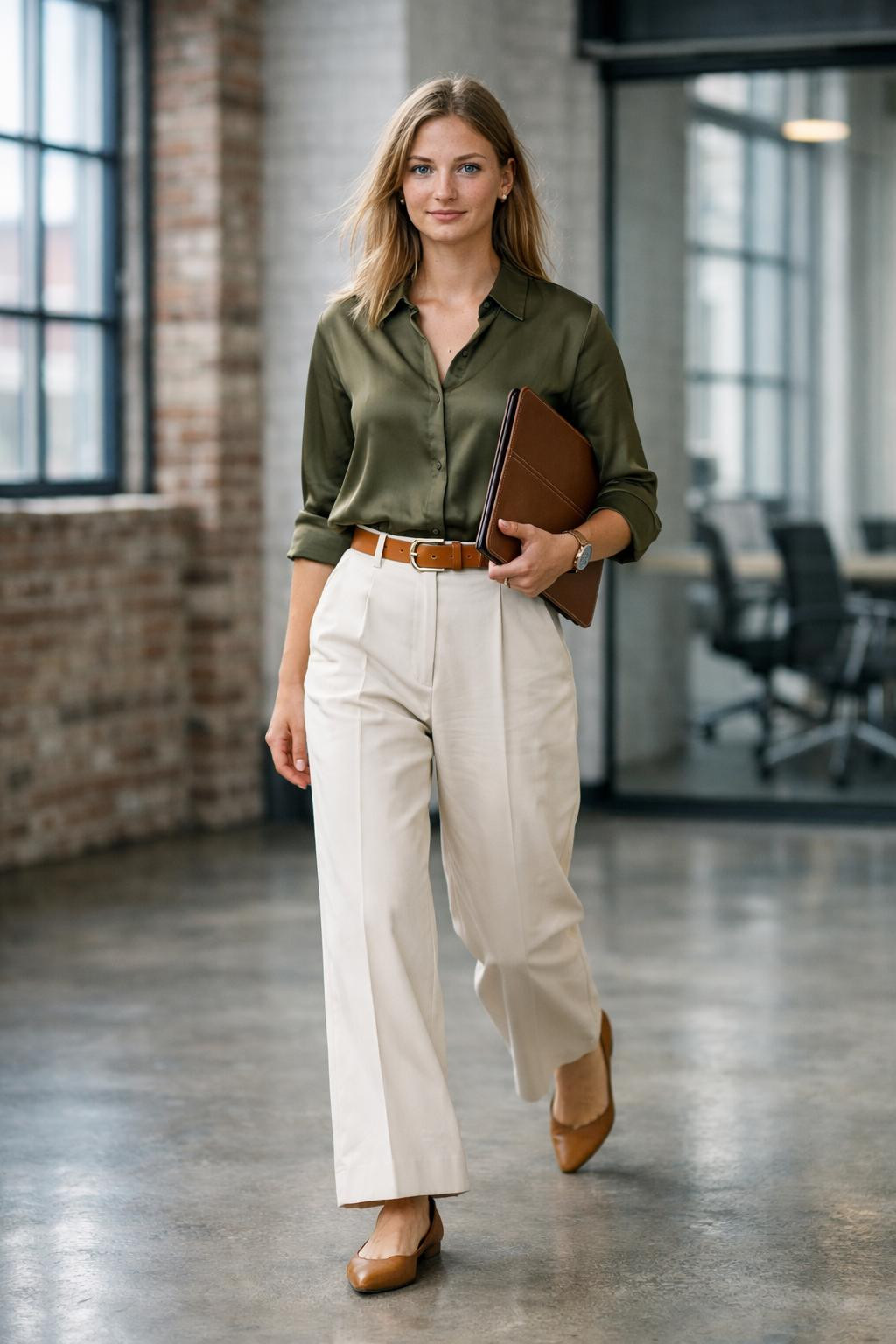 Job interview outfit for women featuring navy blazer with gold buttons