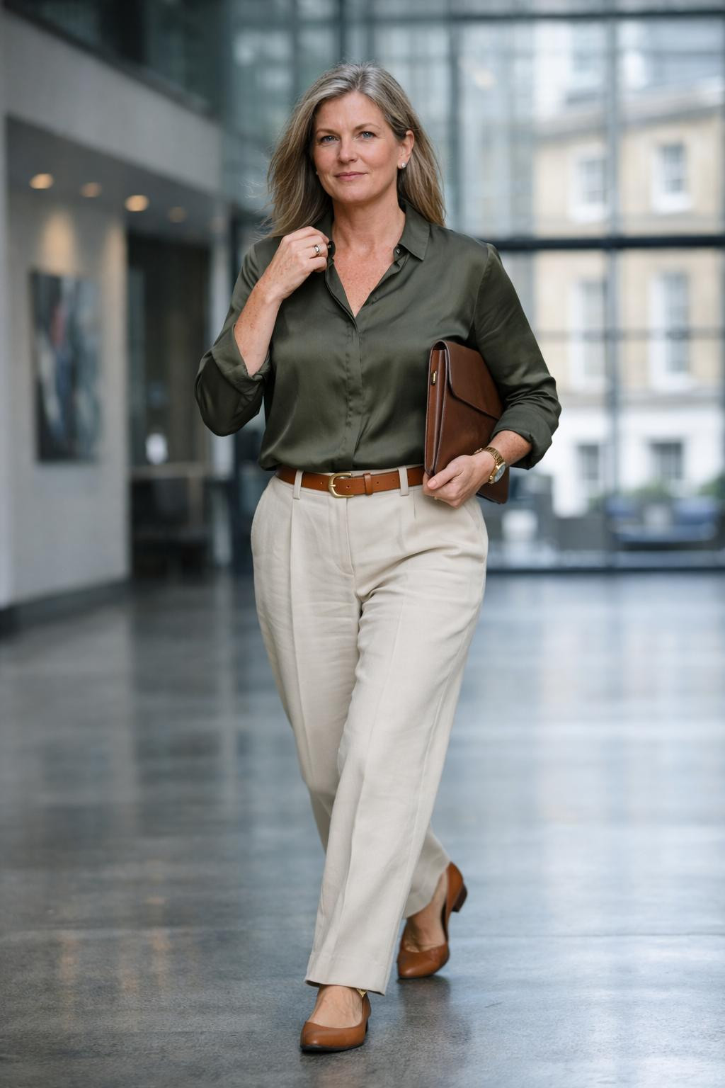 Job interview outfit for women with olive blouse and cream wide-leg pants