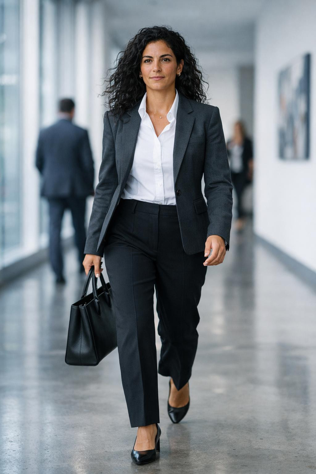 Job interview outfit for women with charcoal blazer and professional portfolio