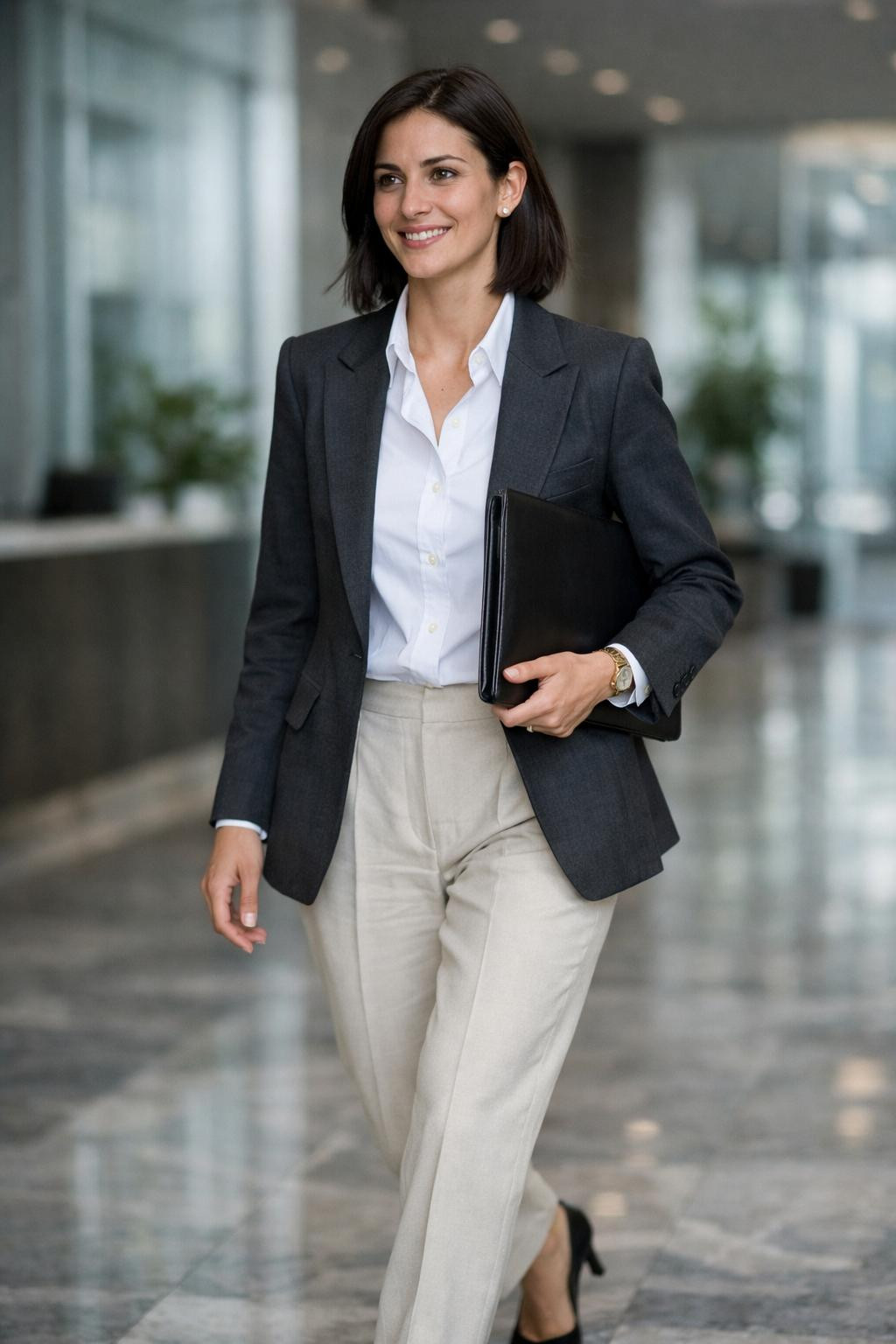 Job interview outfit for women featuring charcoal grey minimalist suit