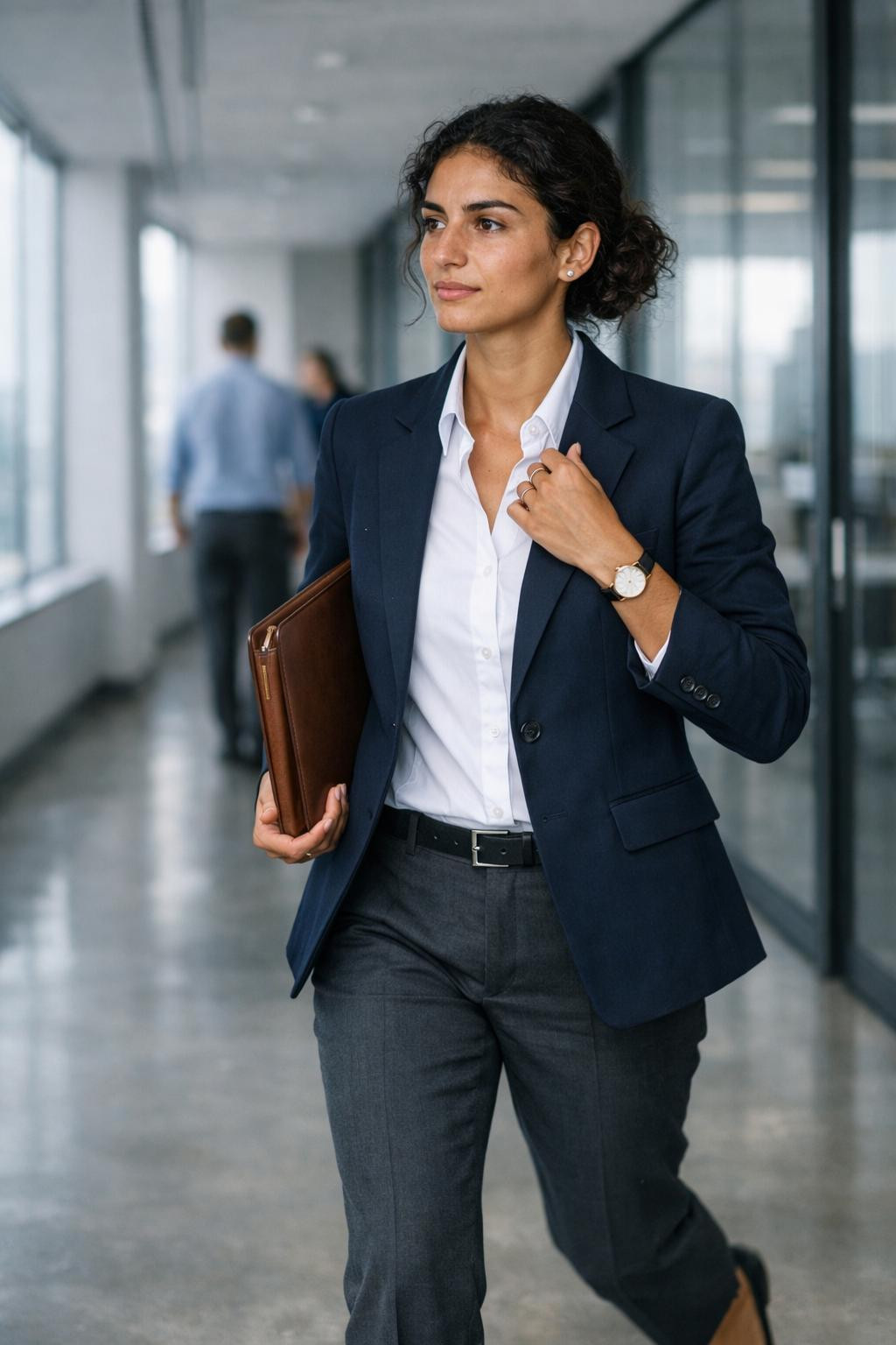 Job interview outfit for women with navy structured blazer