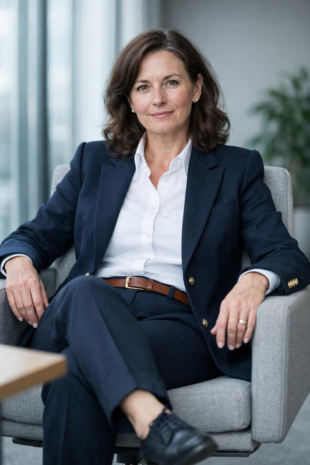 Job interview outfit for women featuring navy suit with gold button details