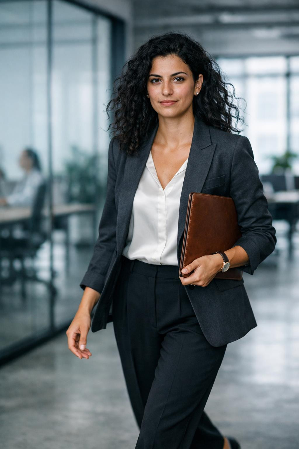 Job interview outfit for women with charcoal blazer and ivory blouse