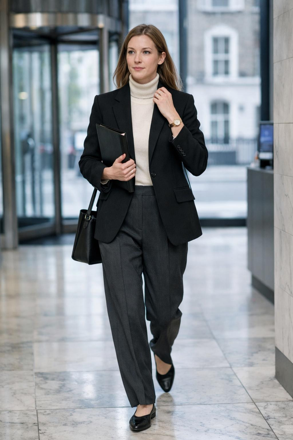 Job interview outfit for women featuring black power suit