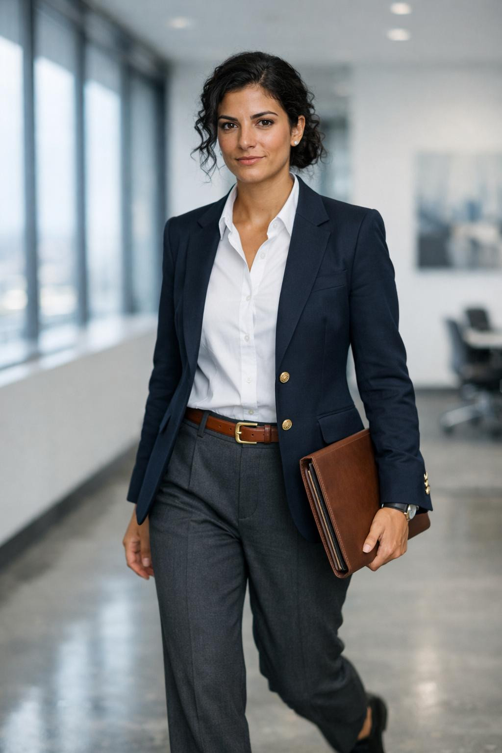 Job interview outfit for women with navy blazer and gold buttons