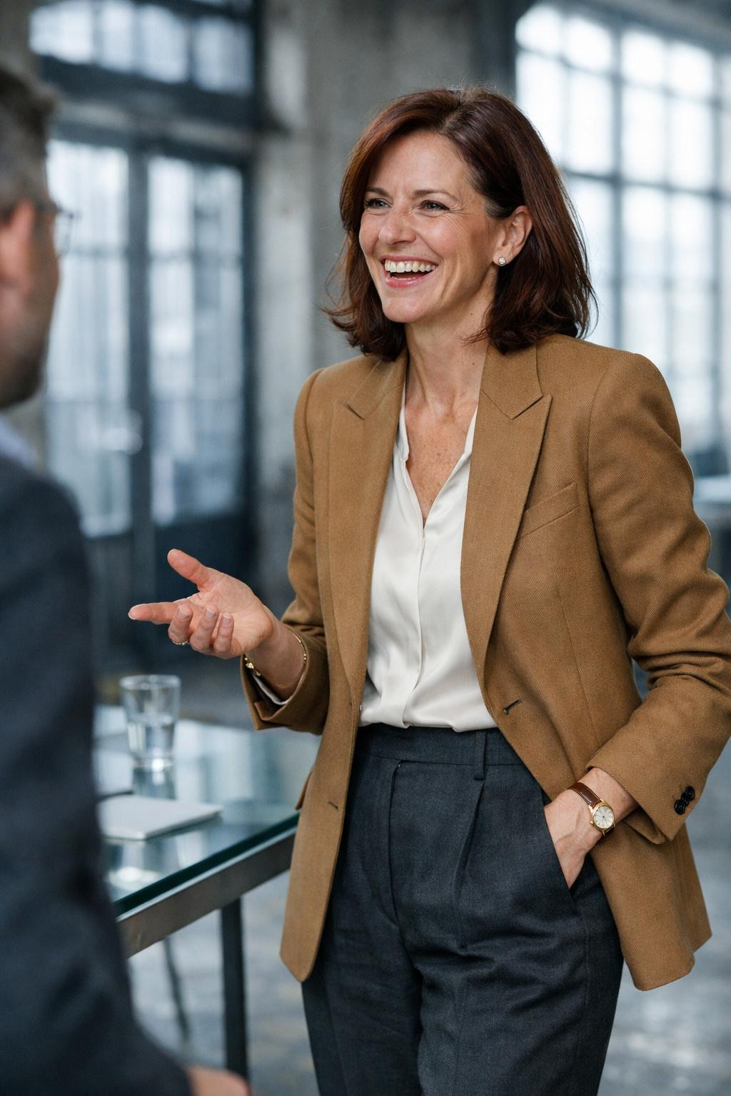 Job interview outfit for women featuring camel wool blazer