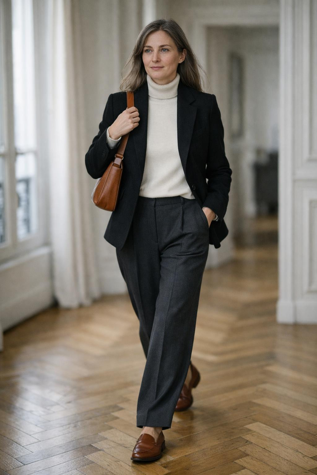 Cute business casual outfits with black blazer and grey trousers
