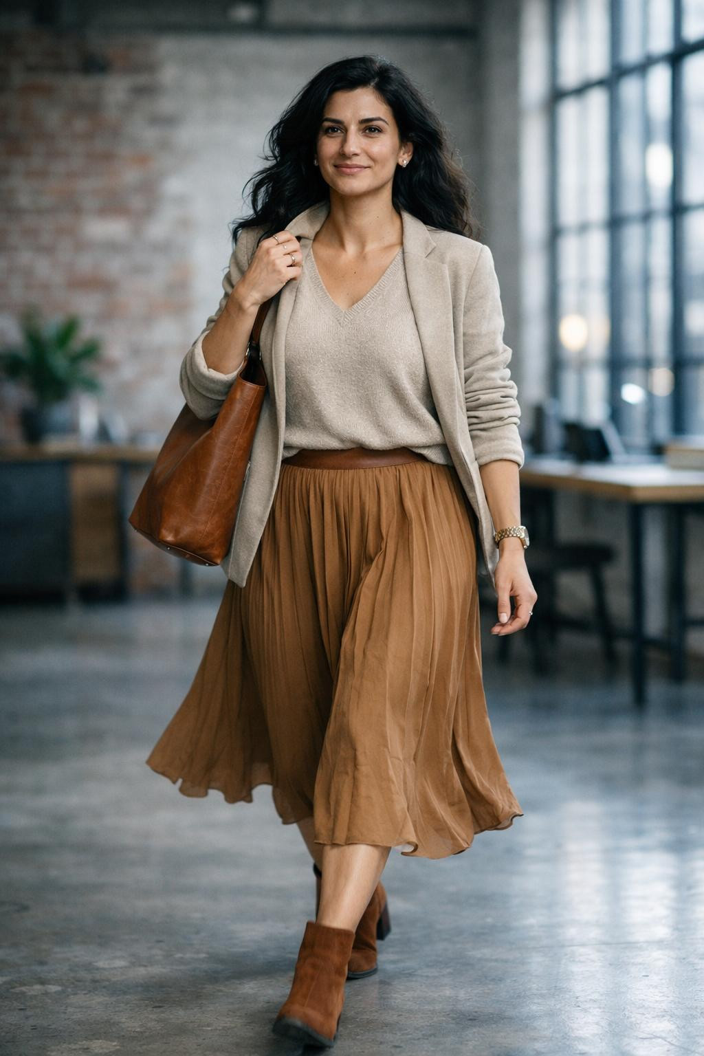 Cute business casual outfits with beige sweater and pleated skirt