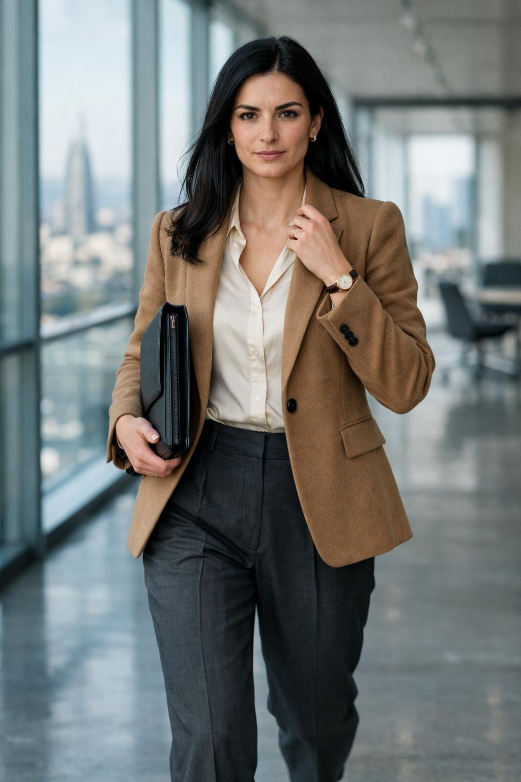 Cute business casual outfits with camel blazer and grey trousers