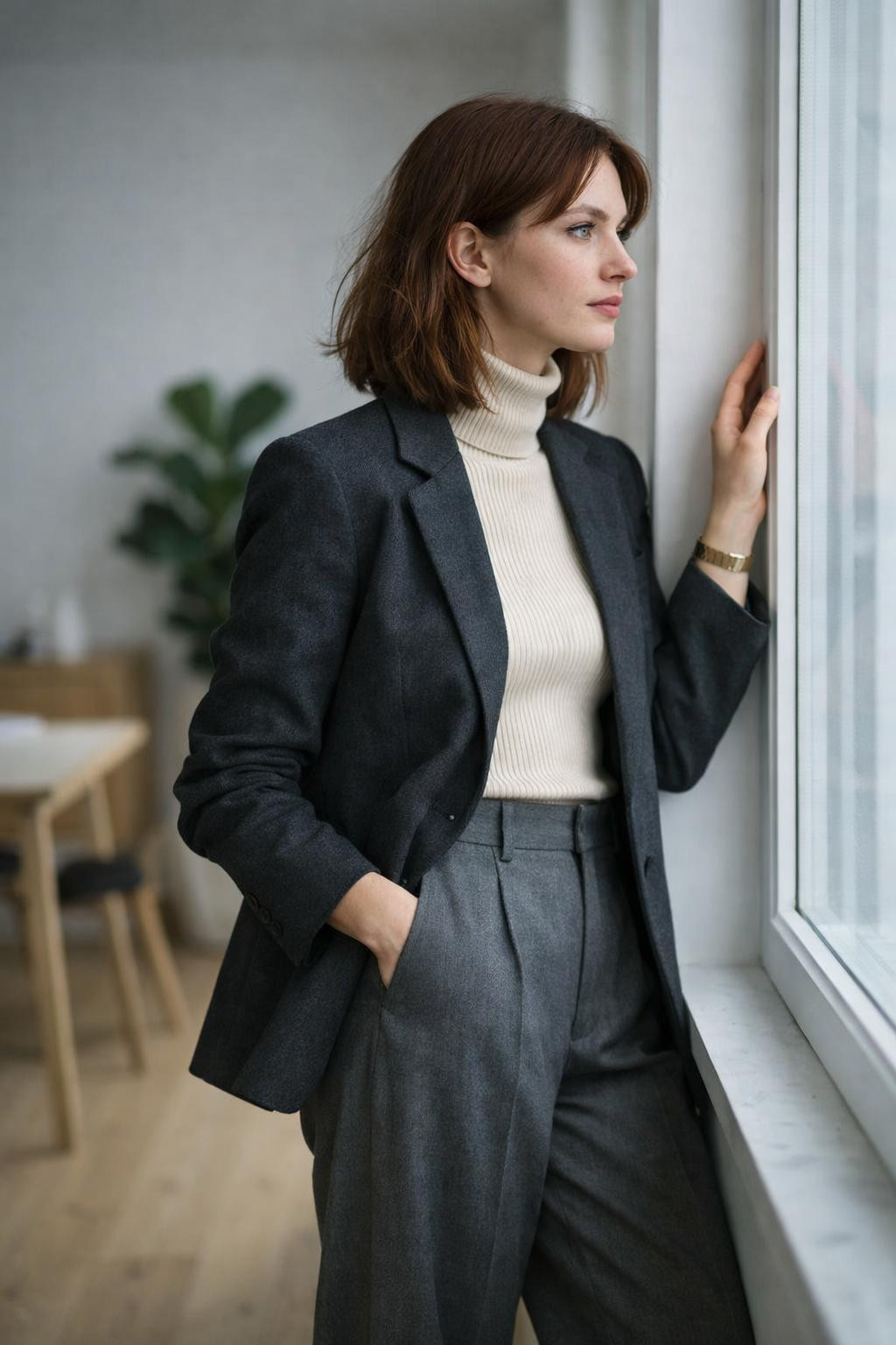 Cute business casual outfits with charcoal blazer and turtleneck