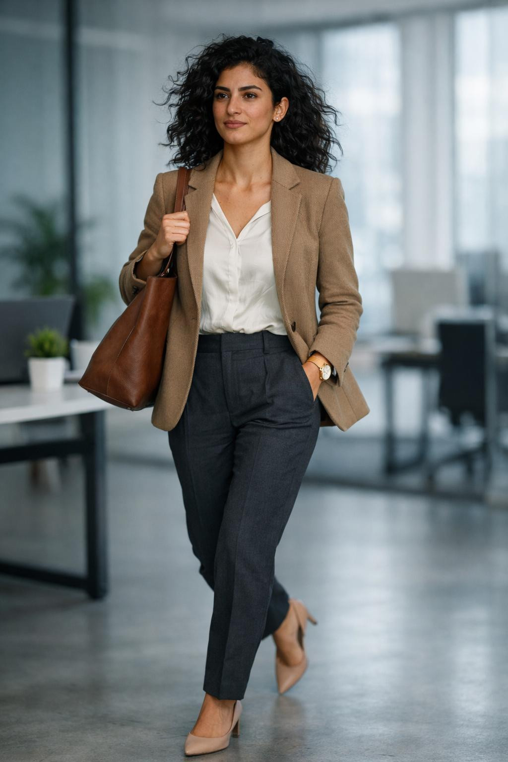 Cute business casual outfits with camel blazer and cream blouse