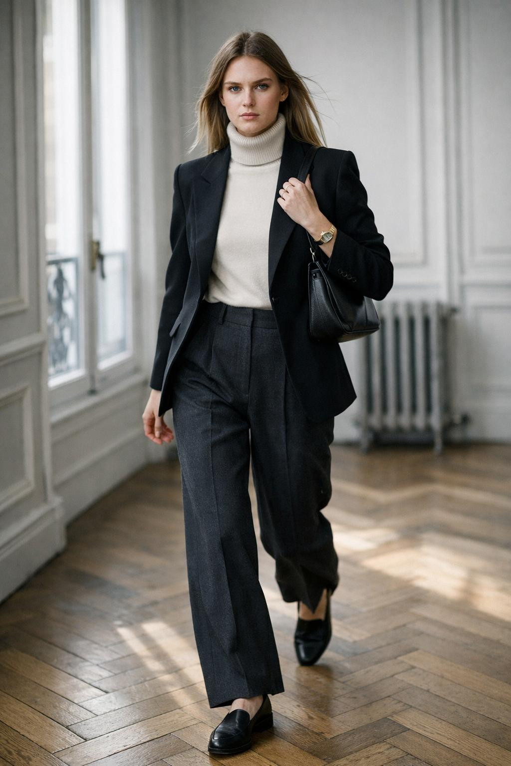 Cute business casual outfits with black blazer and turtleneck