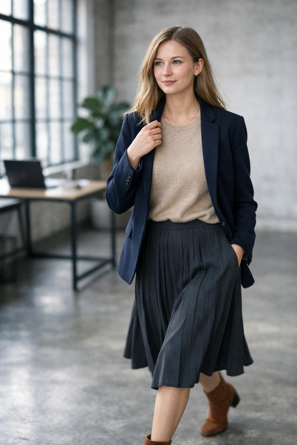 Cute business casual outfits with beige sweater and midi skirt