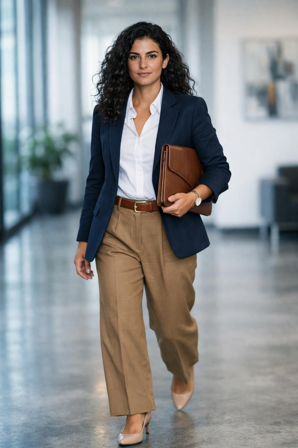 Cute business casual outfits with navy blazer and white shirt