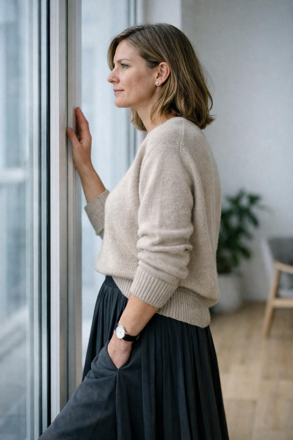 Cute business casual outfits with beige sweater and pleated skirt