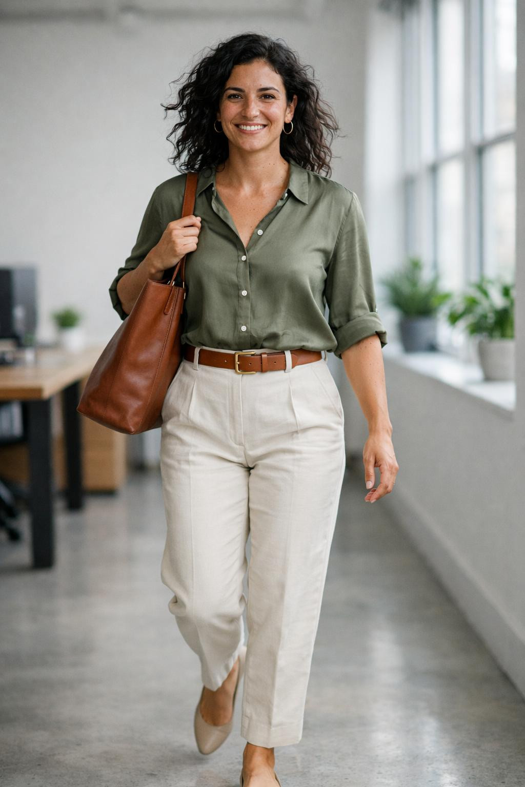 Cute business casual outfits with olive blouse and cream trousers