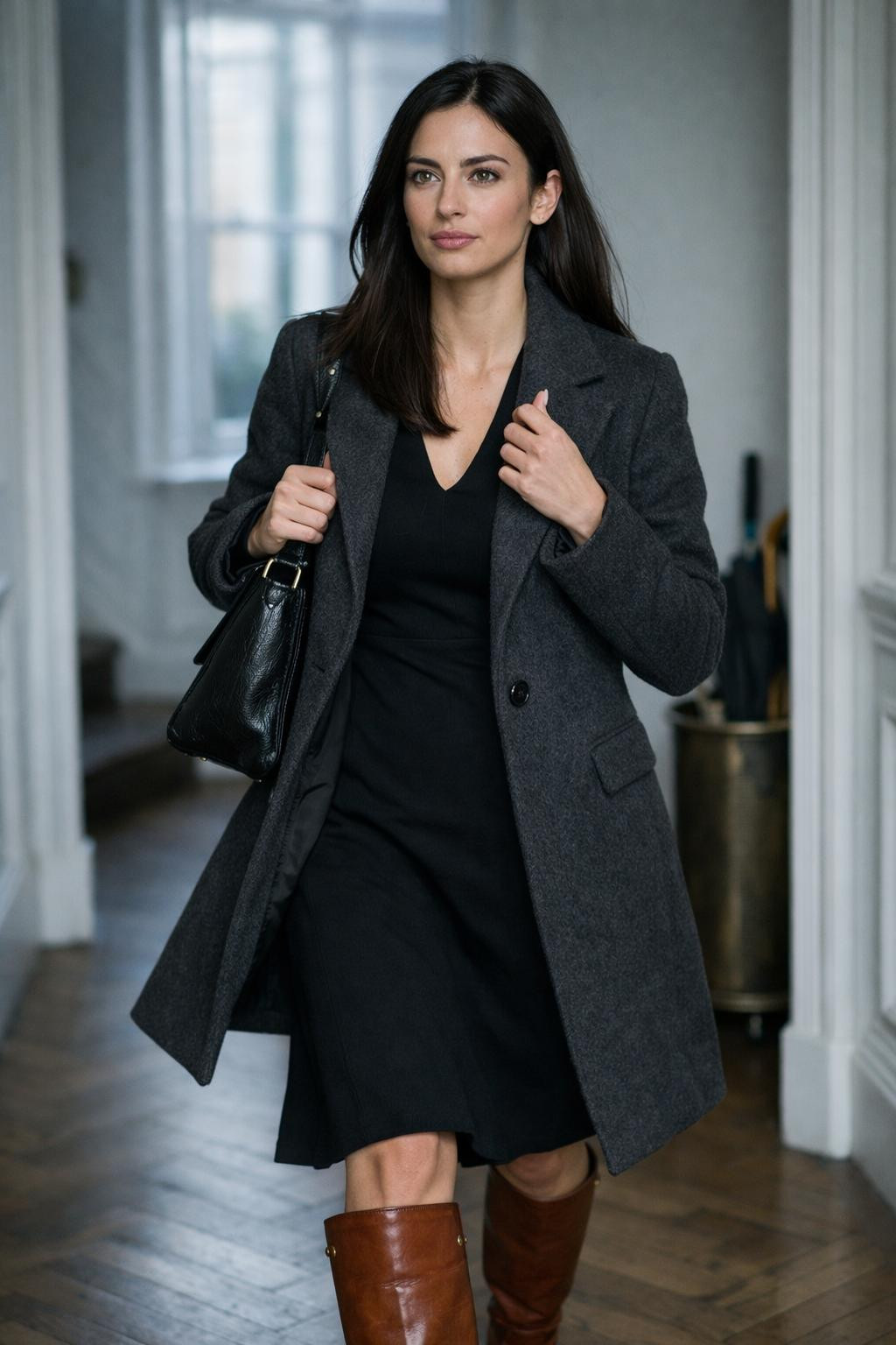 Cute business casual outfits with charcoal coat and midi dress