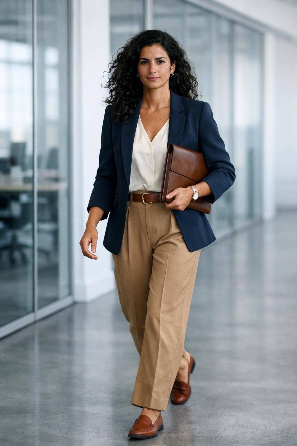 Cute business casual outfits with navy blazer and camel trousers