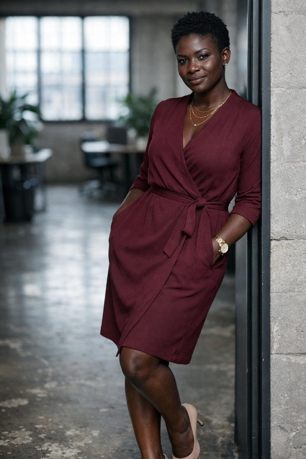 Business casual outfits black women wear with burgundy dress and nude heels