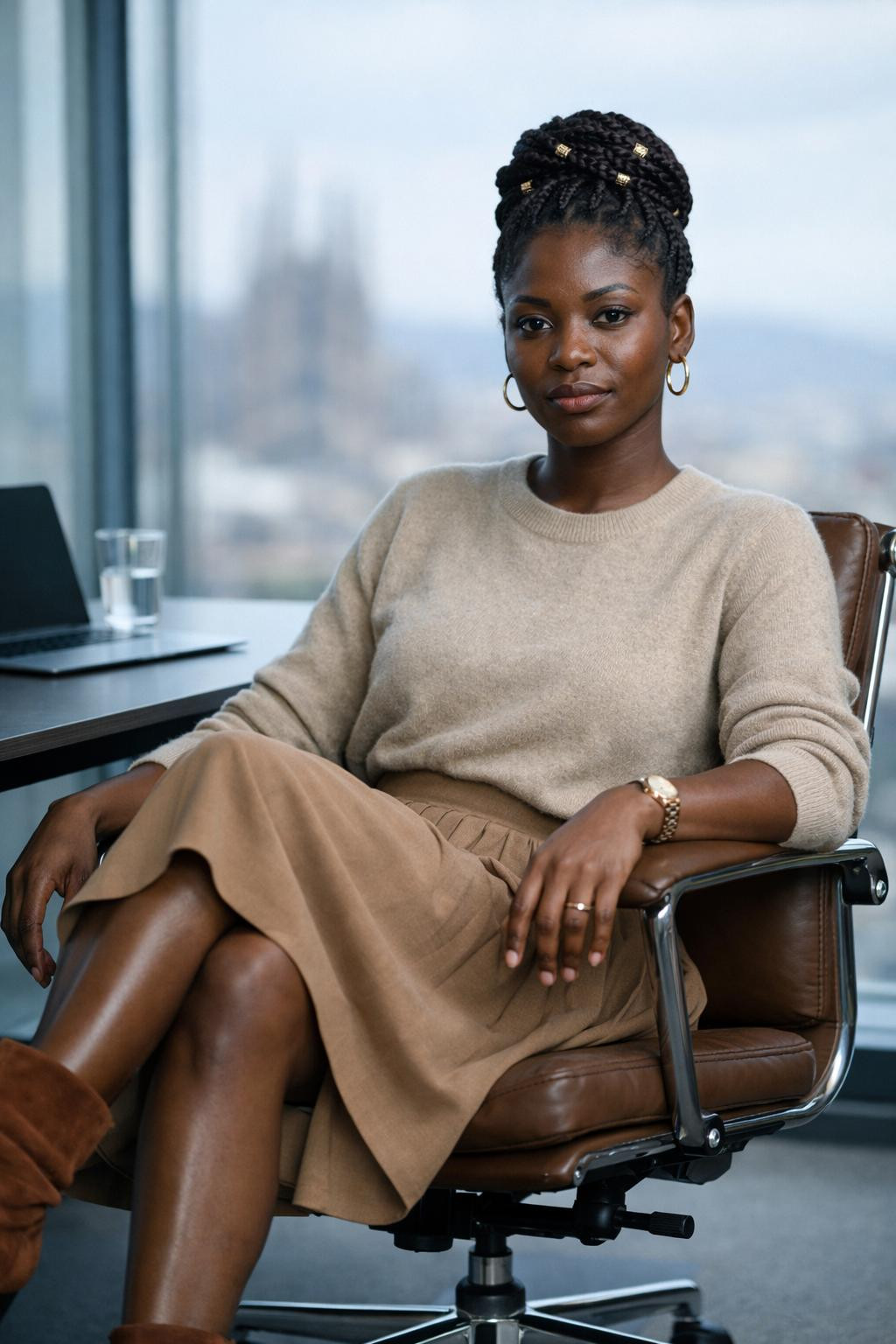 Business casual outfits black women style with beige sweater and camel skirt
