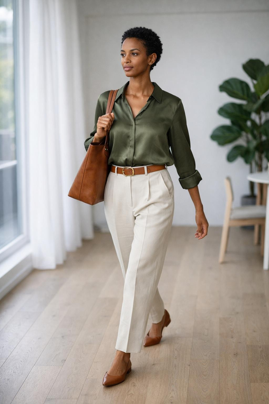 Business casual outfits black women love with olive blouse and tan flats